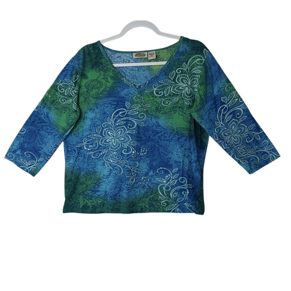 Collections Etc Top Women Medium Floral Sequin Spring‎ Blouse  Artsy Colorful